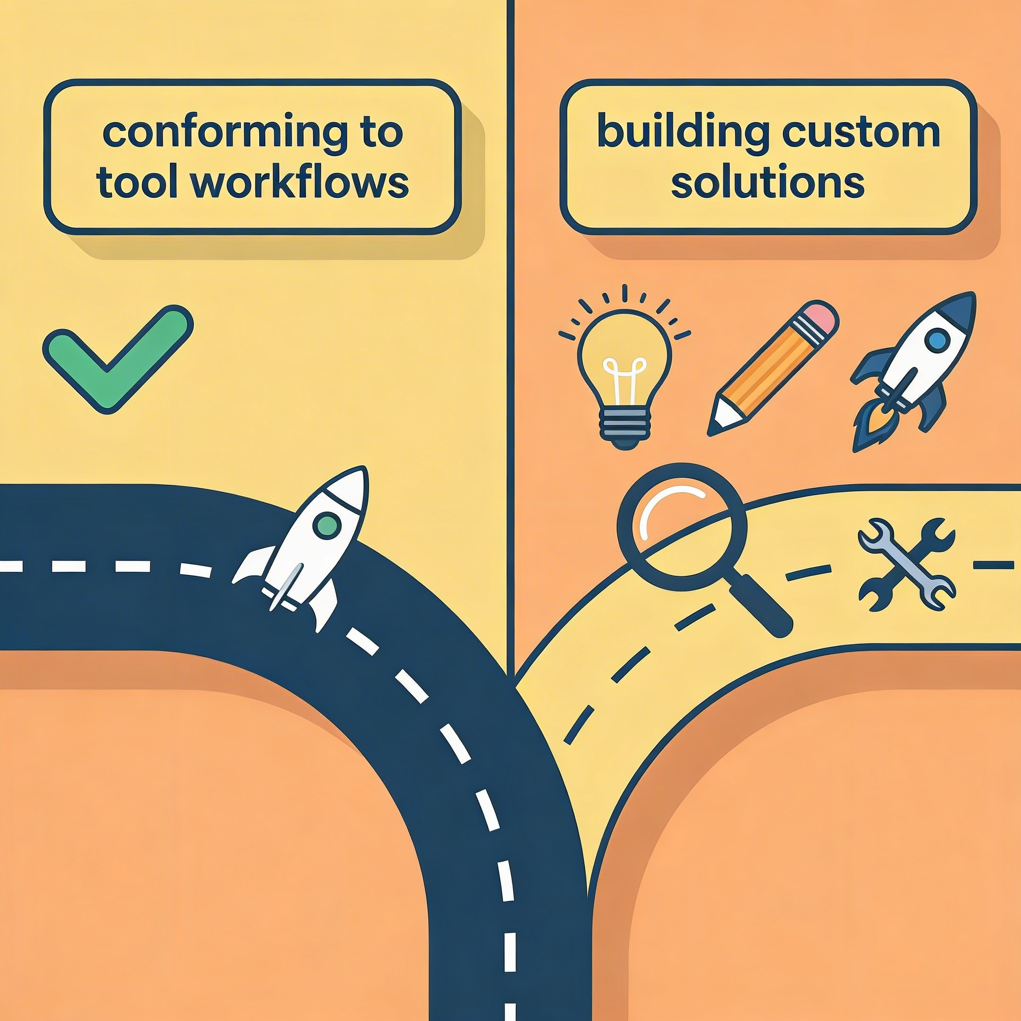 One path splits into two: conforming to tool workflows versus building custom solutions